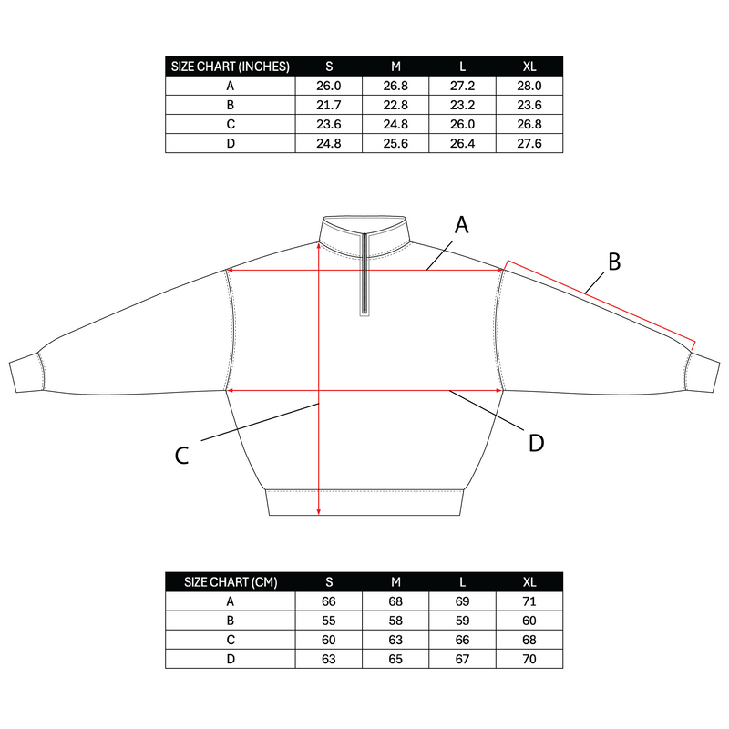 P3 HYBRID QUARTER-ZIP Size Chart